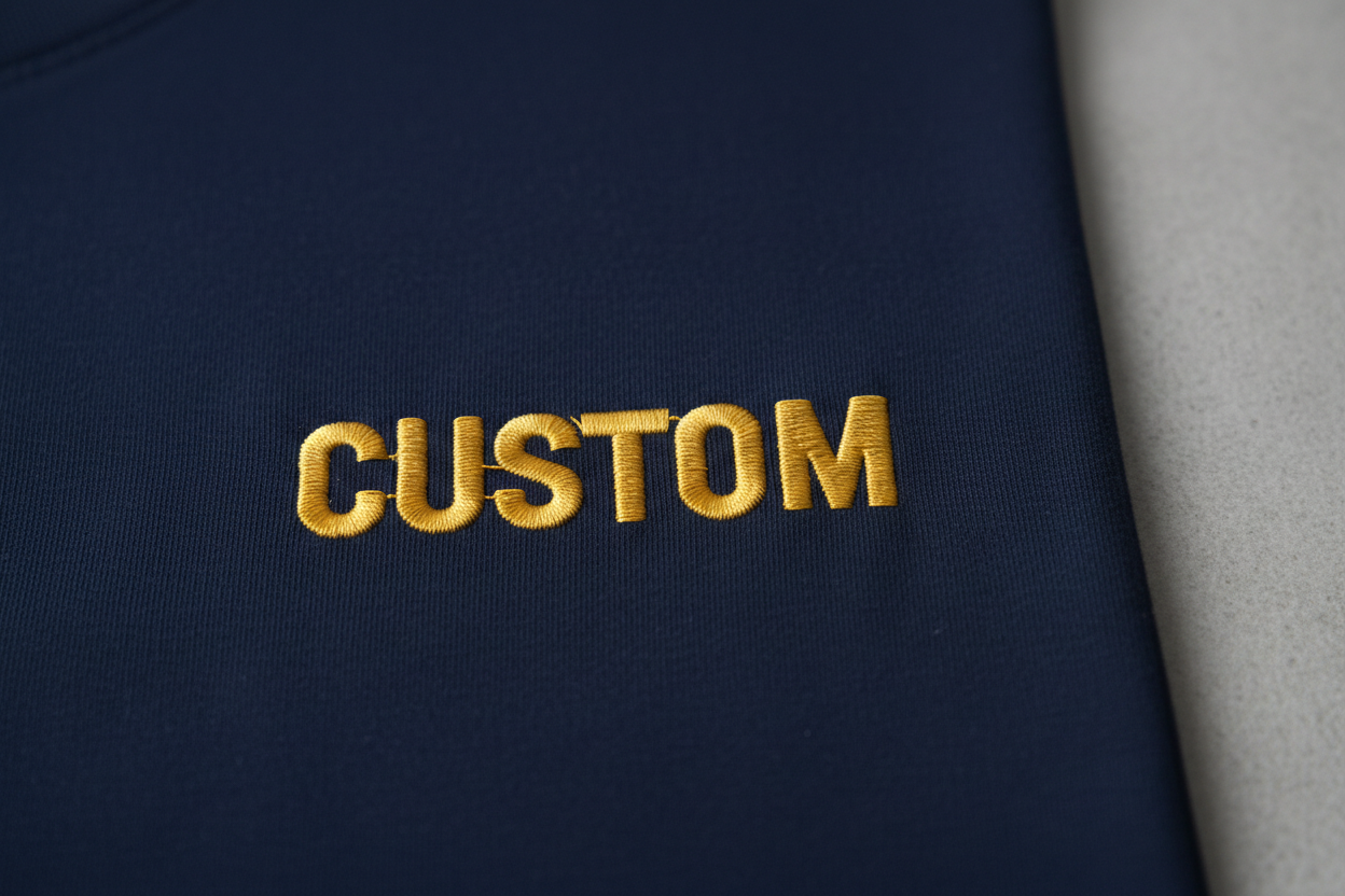 Shirt with the word custom embroidered on the left chest