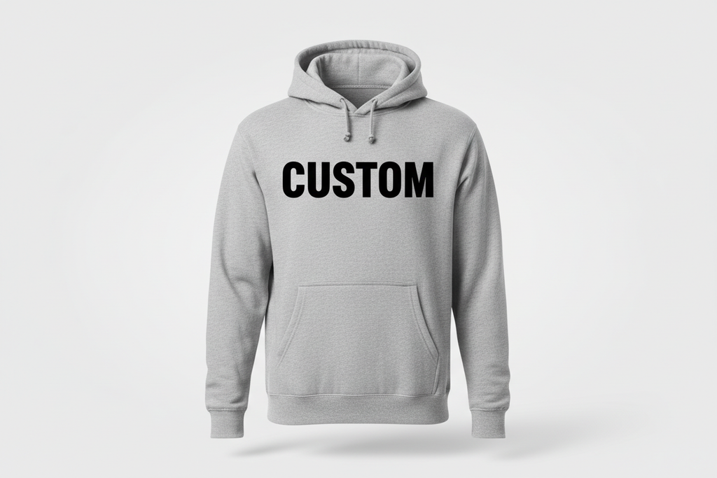 the word CUSTOM on a gray hoodie