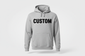 the word CUSTOM on a gray hoodie