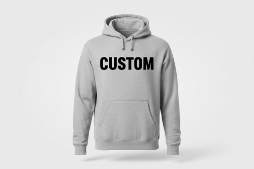 the word CUSTOM on a gray hoodie