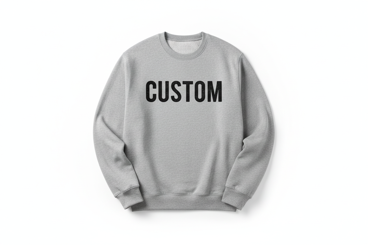 The word CUSTOM on a Gray Sweatshirt
