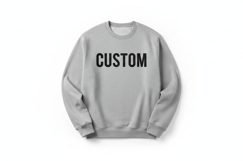 The word CUSTOM on a Gray Sweatshirt